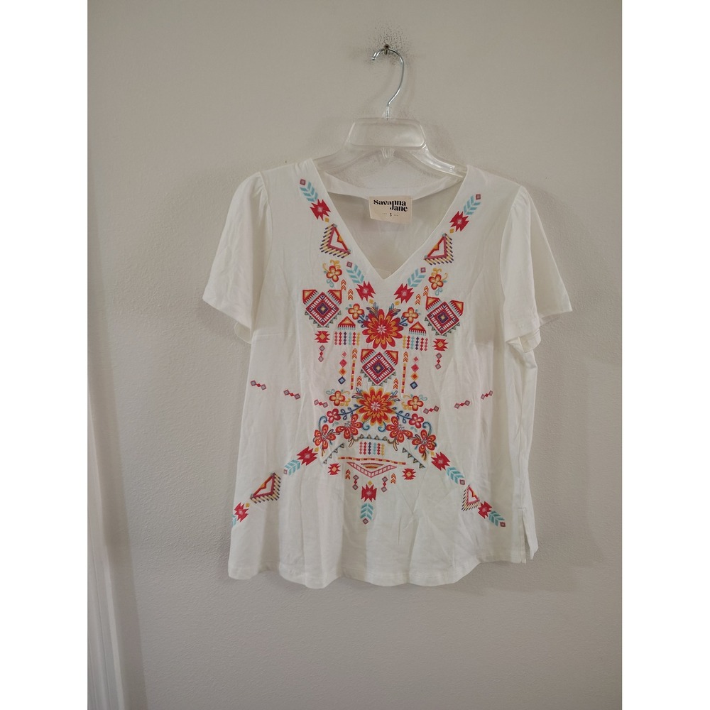Savanna Jane‎ White Embroidered V-Neck Boho Short Sleeve Blouse Top Small